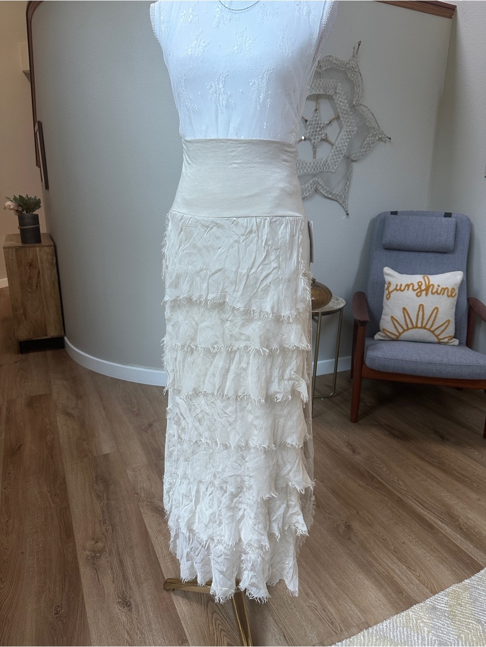Italy moda Women's Cream Tiered Maxi tube Skirt style 8601
